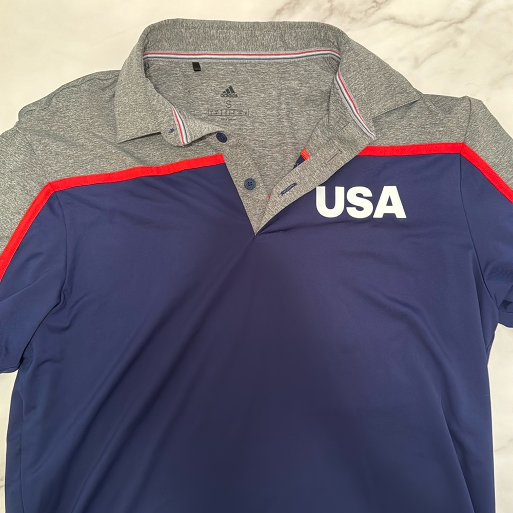 Adidas Team USA golf official polo. Navy grey and red. Size small.